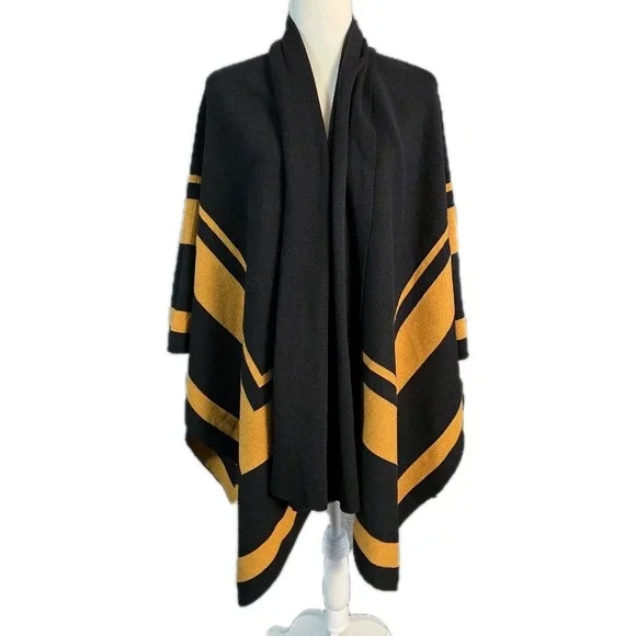 L'Agence Jake Sweater Cape XS S Black Camel Wool Stripe Poncho Quiet Luxury Wrap - Picture 5 of 10